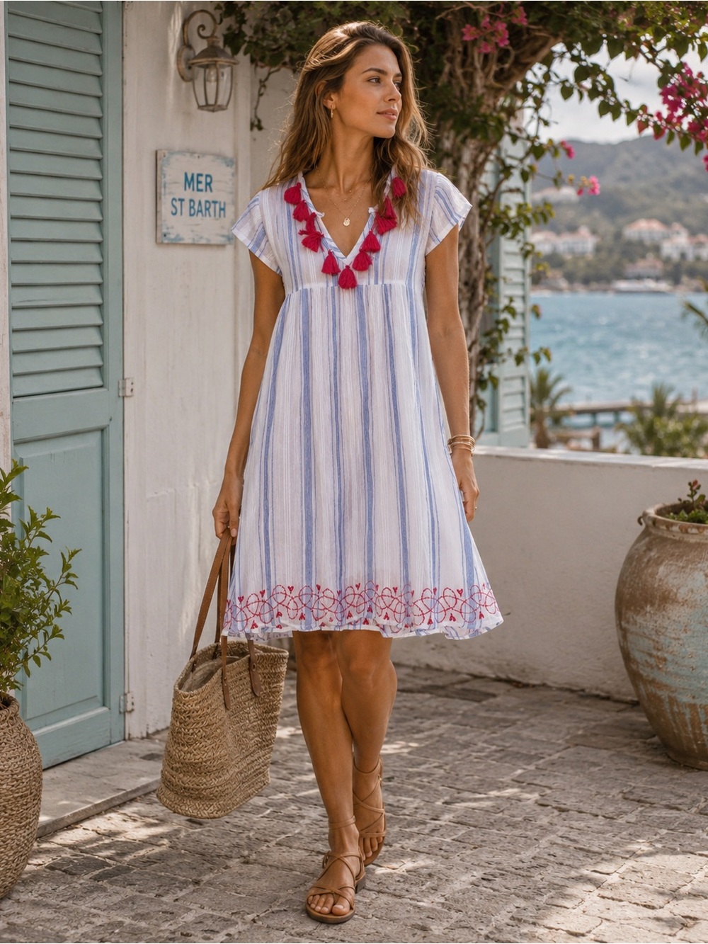 mer st. barth Dress Women's SMALL Tasseled Embroidered A-Line Striped Blue White